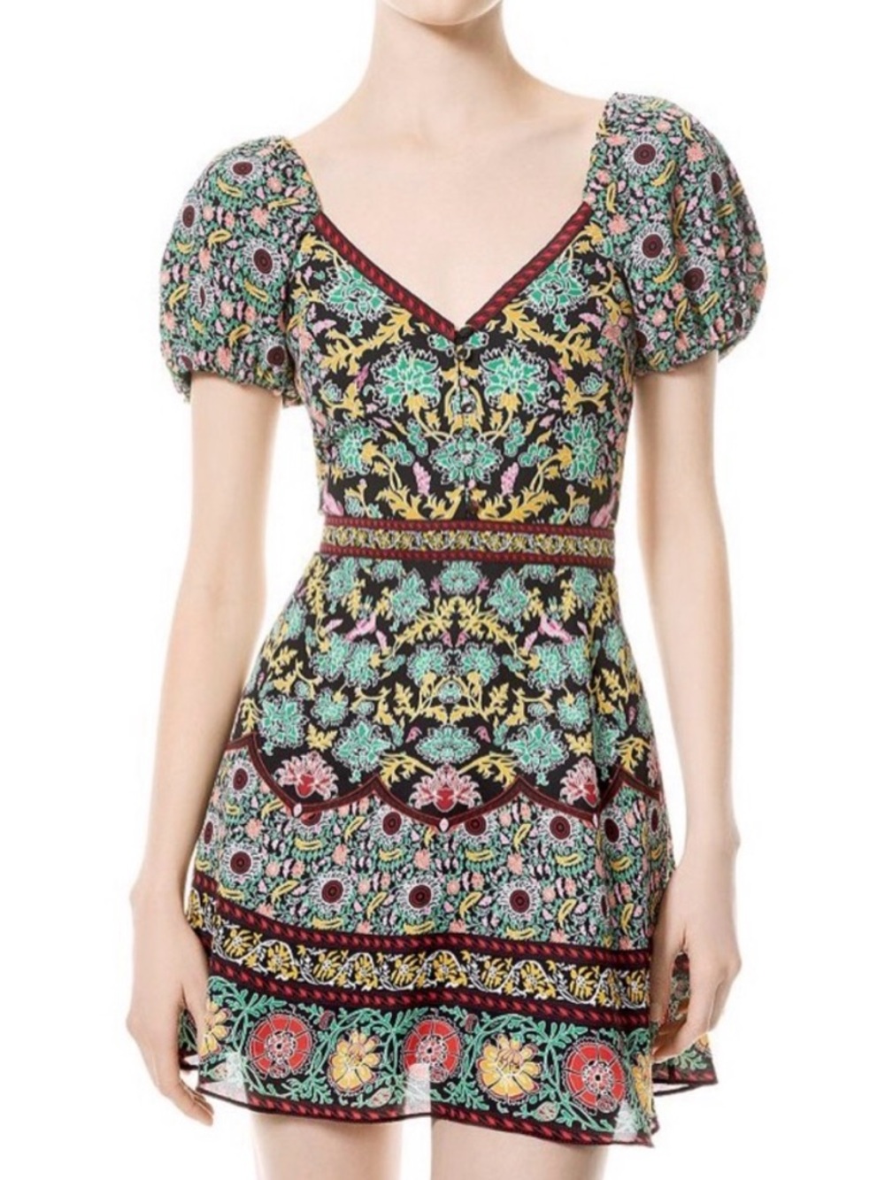 Alice + Olivia Black Multicolor Floral Puff Sleeve Mini Dress